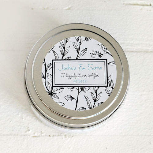 Top view of a finished wedding favor candle tin